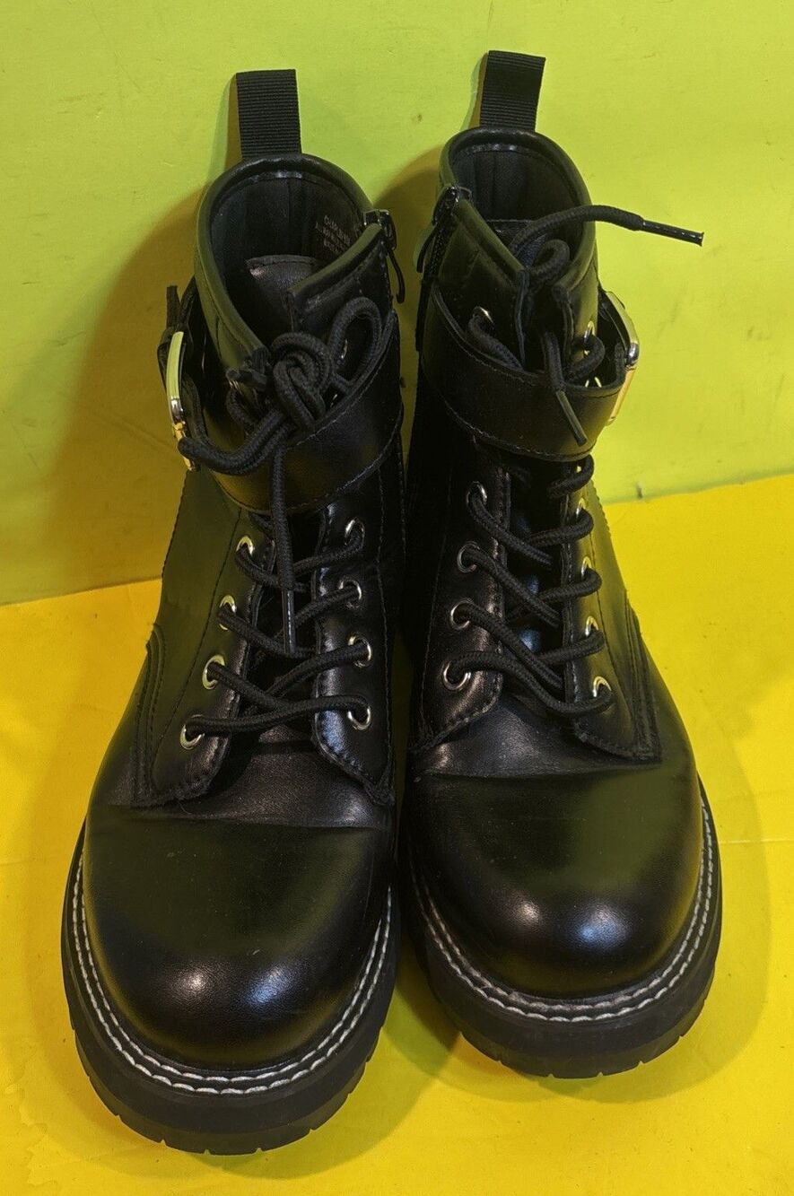 DUNES Women's Black Chaplin Faux-Leather Side-Zip Lace-Up Combat Boots SZ 9M